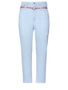 Light Blue High-Waist Distressed Women’s Jeans with Stripe Belt